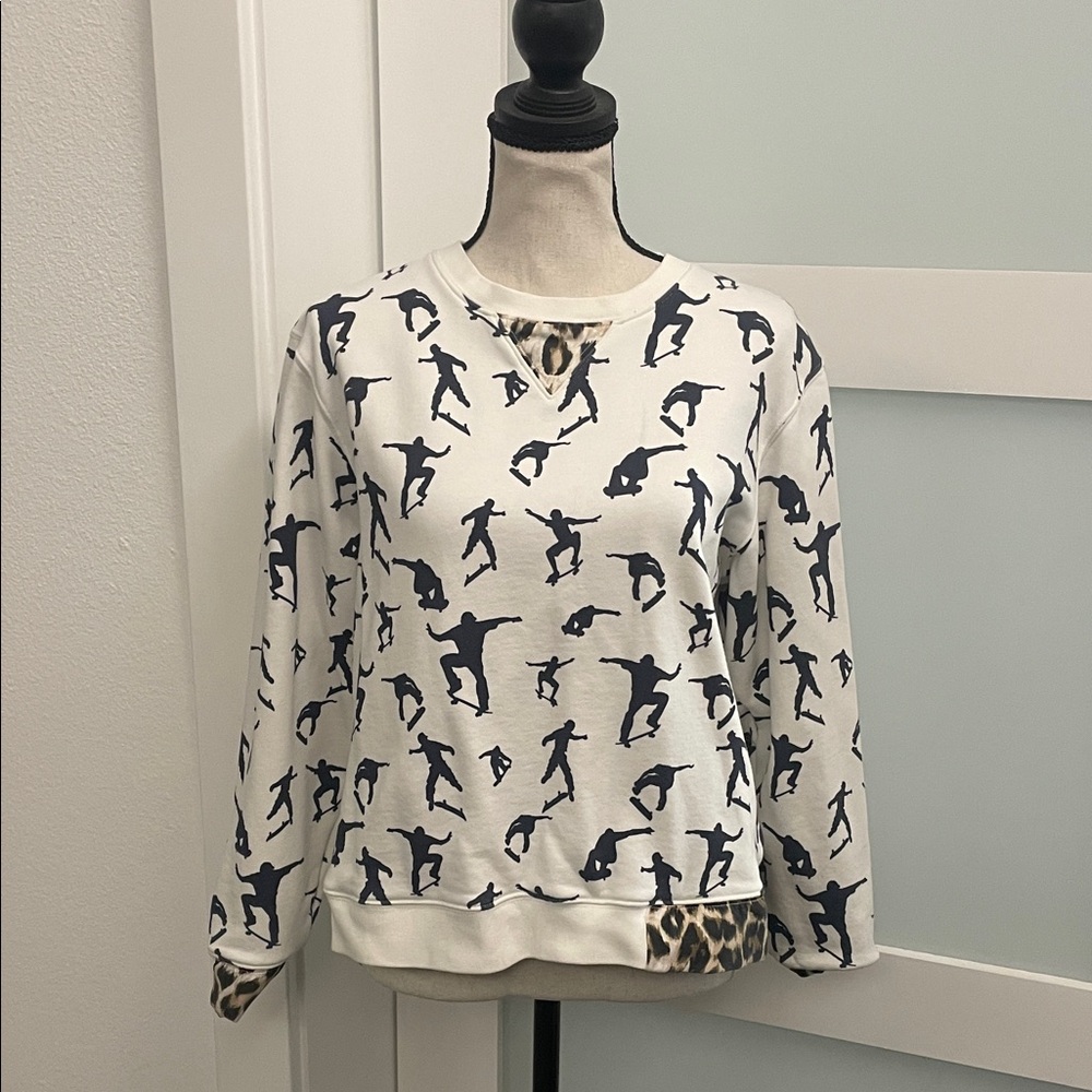White Crewneck Sweatshirt with Navy Skate Silhouette and Leopard Trim